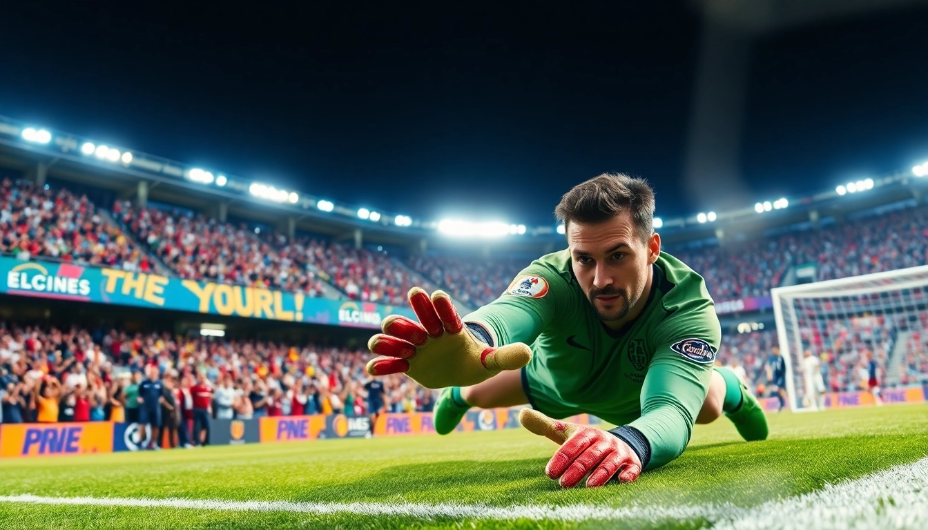 Goalkeeper in an action pose during a match, highlighting the keyword บ้านบอลผลบอล.