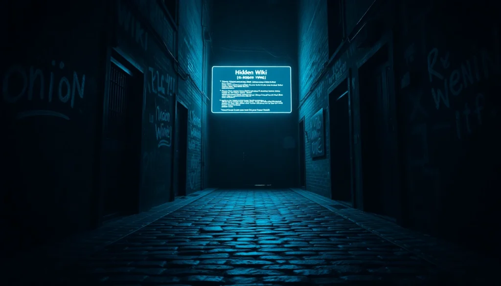 Hidden Wiki dark web scene showcasing a mysterious alley with .onion URLs and cyberpunk elements.