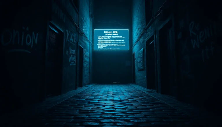 Hidden Wiki dark web scene showcasing a mysterious alley with .onion URLs and cyberpunk elements.