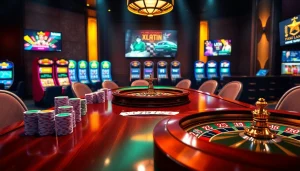 Vibrant view of a luxurious casino setup with bk8thai, showcasing immersive gaming experiences with poker chips and roulette.