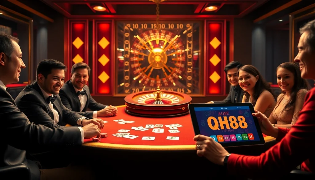 Players enjoying high-stakes poker at QH88 casino with vibrant atmosphere and sleek design.