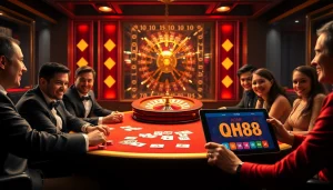 Players enjoying high-stakes poker at QH88 casino with vibrant atmosphere and sleek design.