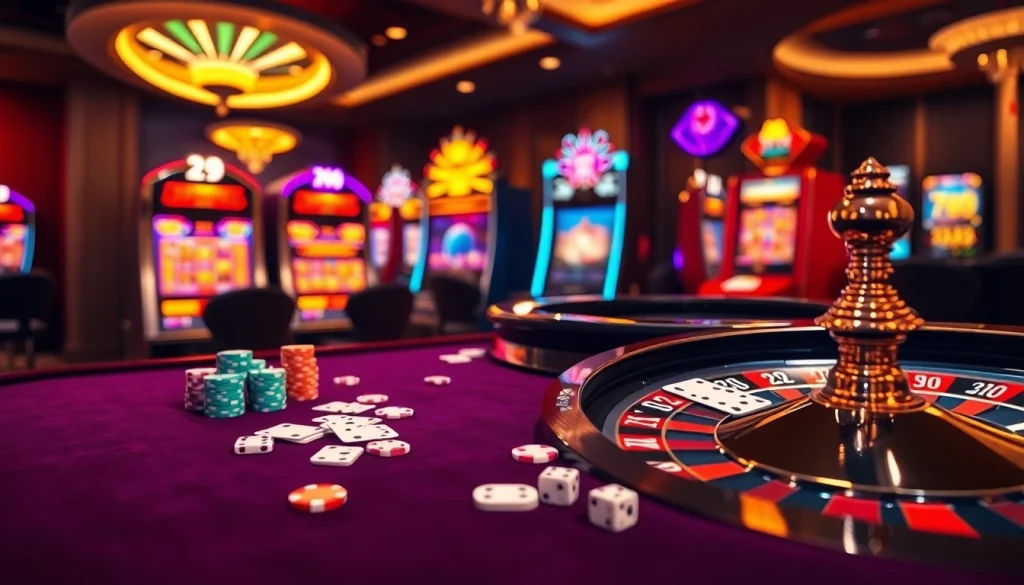 Experience the thrill of 789P casino with vibrant slot machines, poker chips, and a roulette wheel.