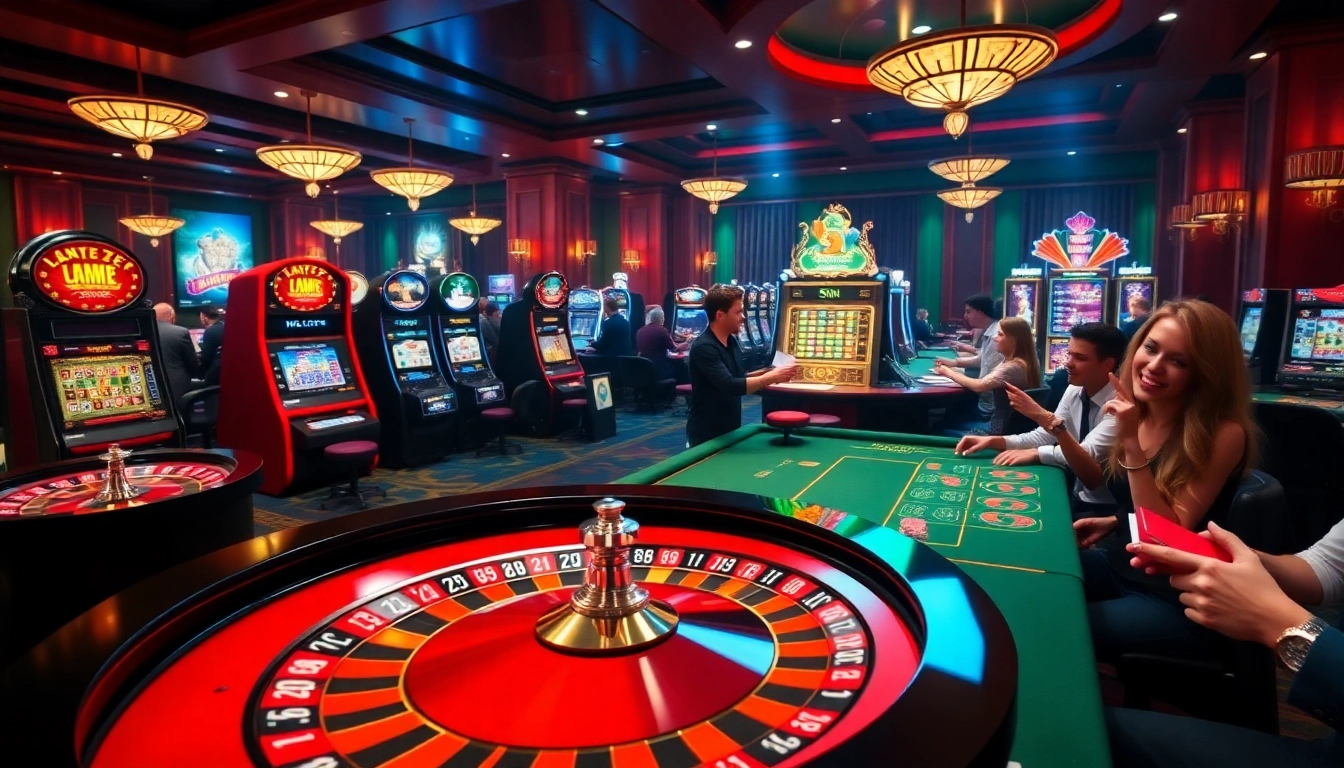 Exciting gambling scene at PS99 COM featuring roulette tables, slot machines, and celebratory players.