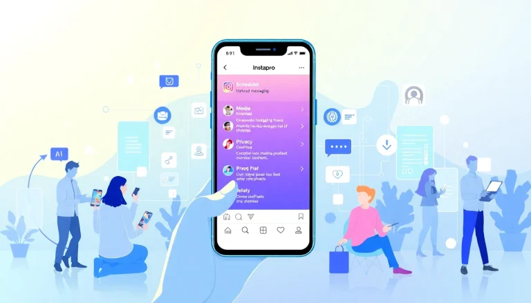 Discover advanced features of Instapro APK with an interactive user interface design showcasing media download and privacy options.
