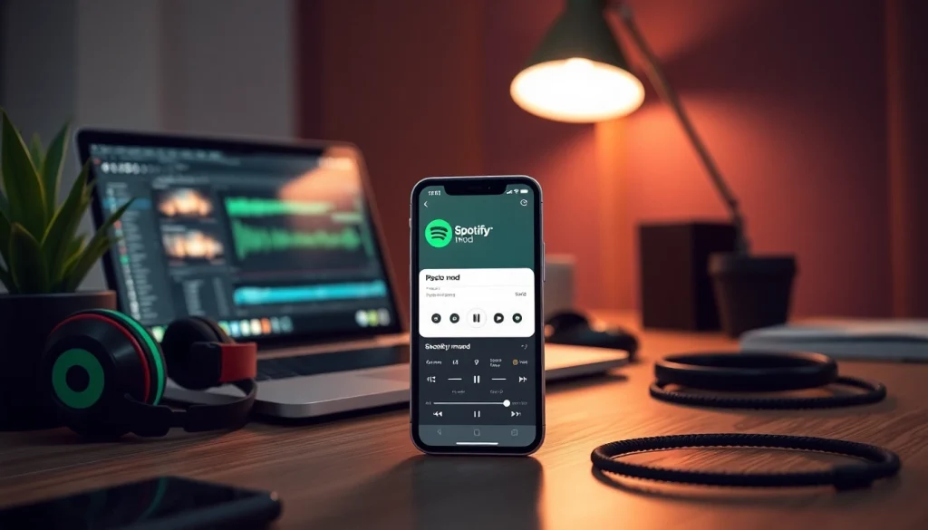 Discover the innovative spotify mod interface on a modern smartphone in a stylish tech workspace.