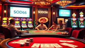 Engaging poker game at SODO66 casino featuring vibrant chips and roulette wheel.
