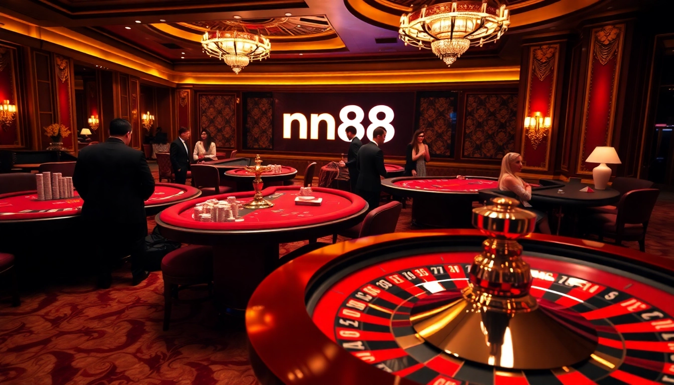 Experience the excitement of nn88 with elegant casino gaming tables and a spinning roulette wheel.