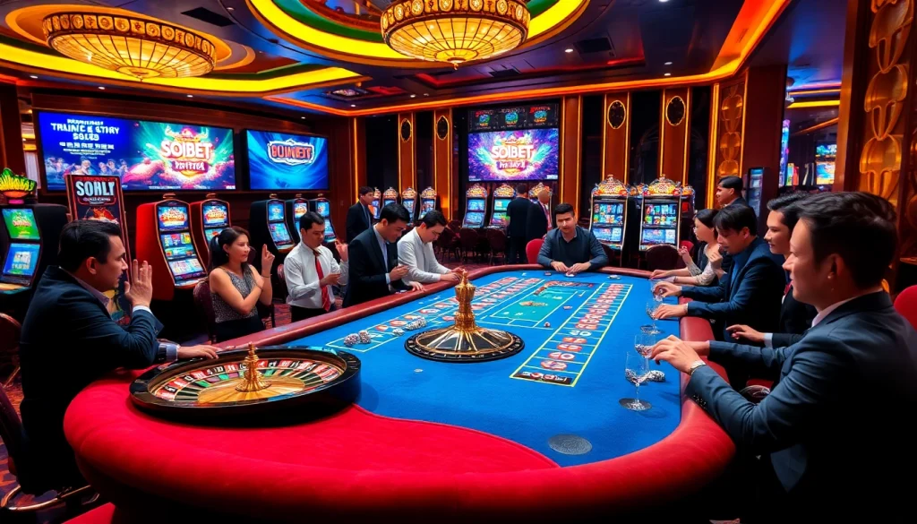 Players enjoying gambling at SOIBET's stylish casino, with roulette and poker chips in view.