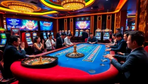 Players enjoying gambling at SOIBET's stylish casino, with roulette and poker chips in view.
