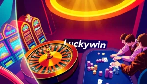 Players strategizing their next move in a vibrant Luckywin casino scene with roulette and poker.