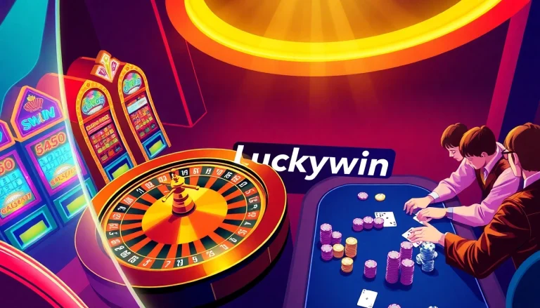 Players strategizing their next move in a vibrant Luckywin casino scene with roulette and poker.
