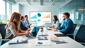 Business Marketing team brainstorming in a modern office setting with digital presentations.