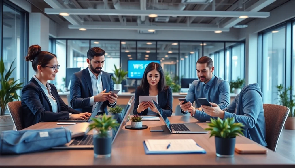 在现代办公室使用 WPS Office 软件进行协作的专业人士。