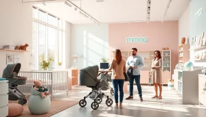 MMOO brand baby product showroom showcasing innovative gadgets and designs, inviting atmosphere