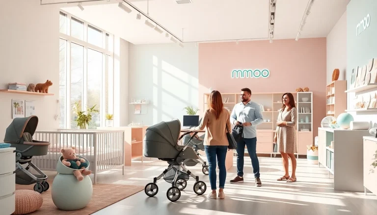 MMOO brand baby product showroom showcasing innovative gadgets and designs, inviting atmosphere