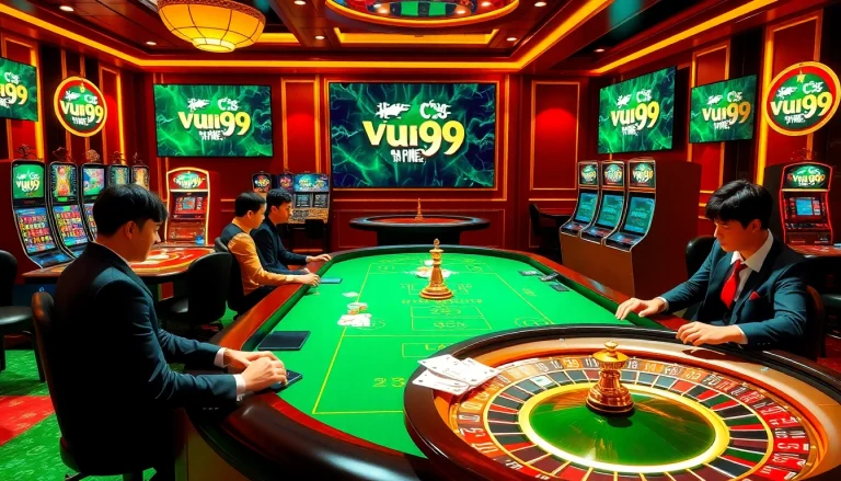 Engaging players enjoying thrilling games at trang cá cược vua99 casino, surrounded by vibrant slot machines and cards.