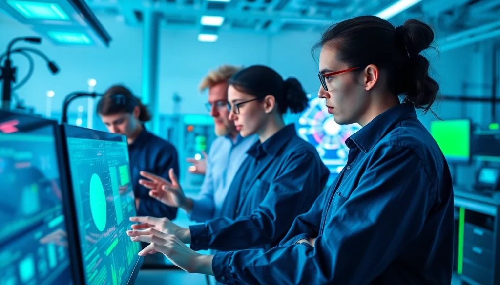 Engineers collaborating on innovative AI Software projects in a vibrant tech lab environment.