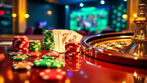 A vibrant casino scene showcasing the excitement of gambling at 98win3h.blog with poker chips and a roulette wheel.