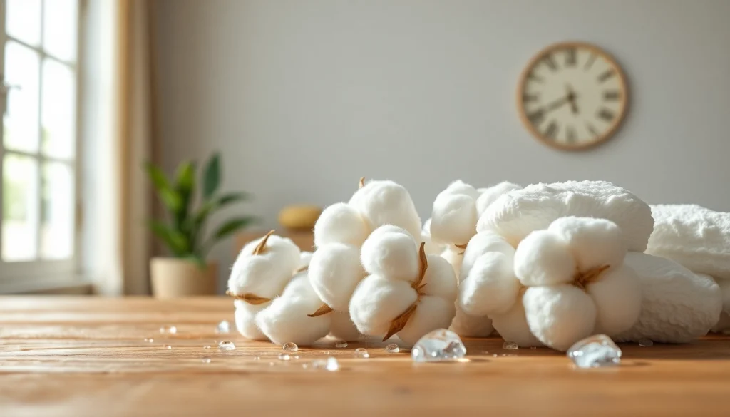 De absorberende werking van katoen benadrukt met waterdruppels op een houten tafel.