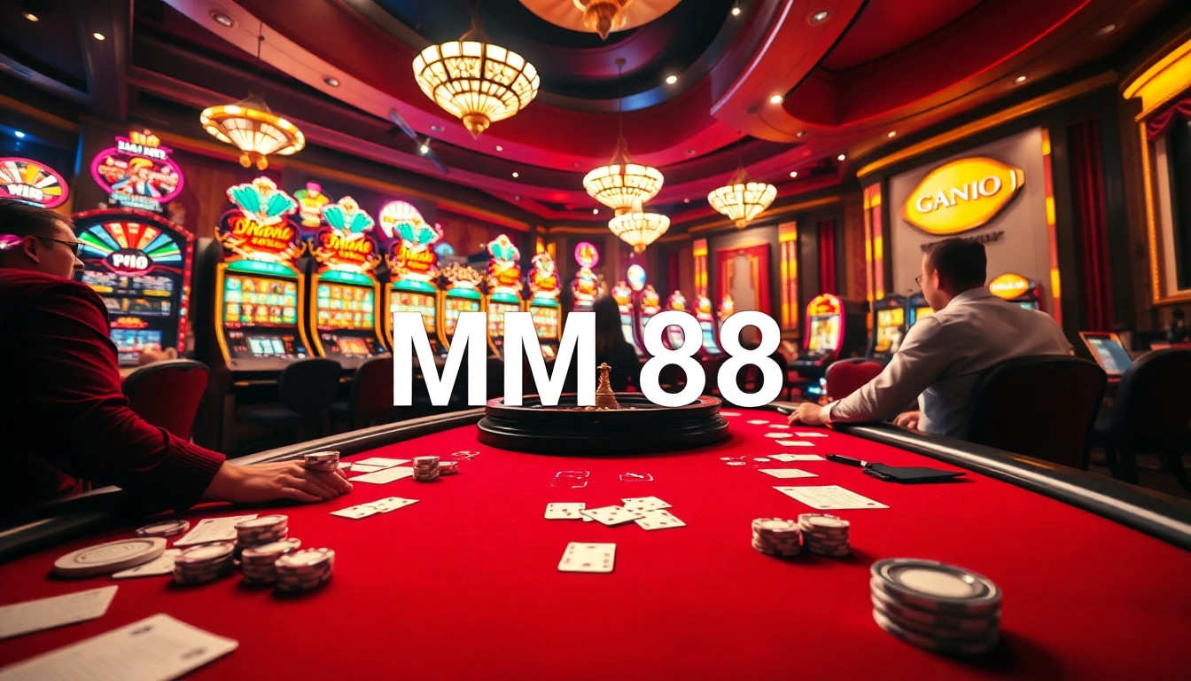 Experience the thrill of MM 88 at a luxurious poker table amidst vibrant slot machines and roulette.