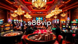S88vip vibrant casino scene with gaming tables, roulette wheels, and colorful slot machines.