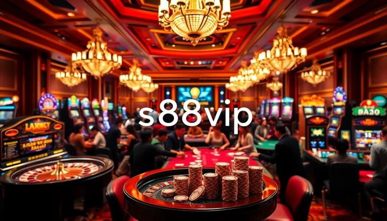 S88vip vibrant casino scene with gaming tables, roulette wheels, and colorful slot machines.
