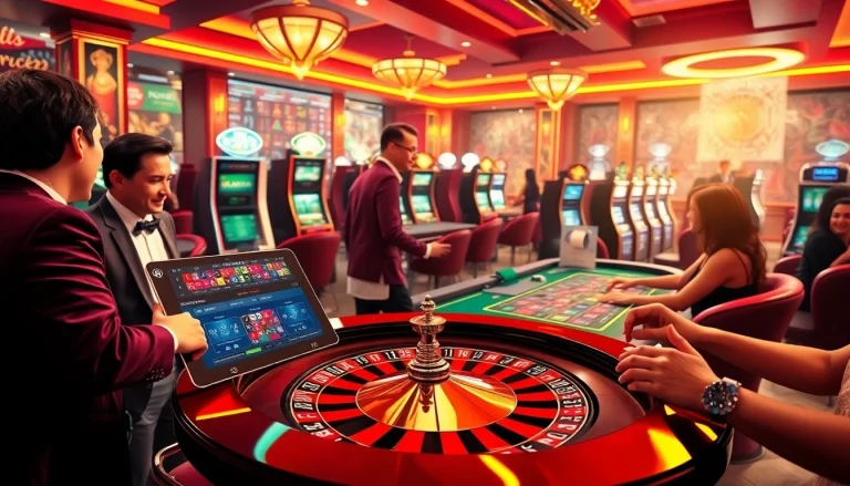 Exciting gambling scene at LC88 with players engaged at a poker table and roulette wheel.