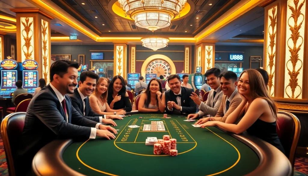 Experience the excitement of gambling at U 888 with vibrant casino tables and enthusiastic players.