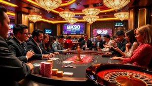 Engaged players enjoying high-stakes games at BK8THAI casino table, showcasing excitement and luxury.