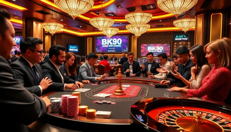 Engaged players enjoying high-stakes games at BK8THAI casino table, showcasing excitement and luxury.