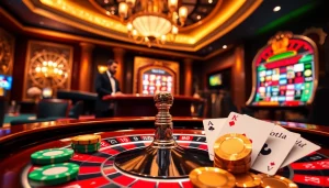 Engaging casino scene at https://fly88.deal/ with roulette, poker cards, and vibrant chips.