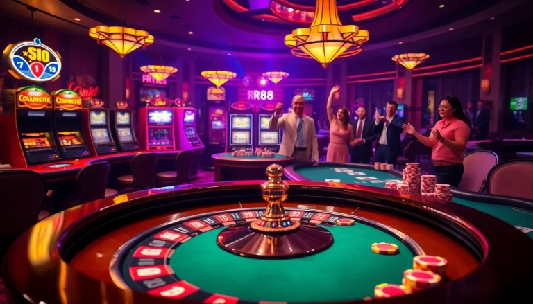 Players enjoying high-stakes gambling at RR88 casino with roulette and poker table