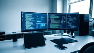 Innovative software engineering workspace with dual monitors showcasing coding interfaces.