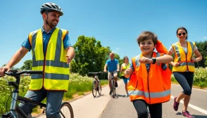 Atsvaitinės liemenės, dėvimos aktyviais žmonėmis šalia judrios kelio, pabrėžia saugumą ir matomumą.