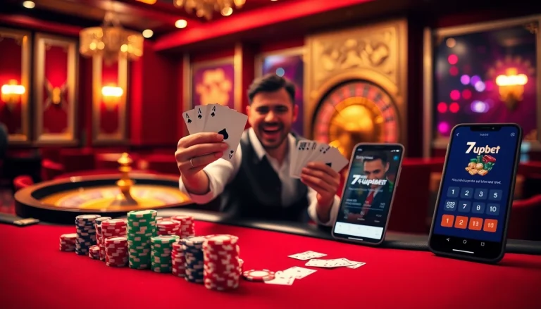 Gambler celebrating a win at a luxurious casino table showcasing 7upbet elements.