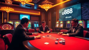 Engaging poker scene at u888 com with players, chips, and roulette wheel.