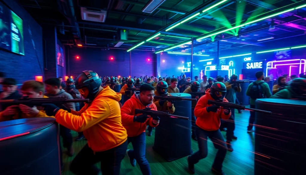Players immerse in an intense Laser tag match, surrounded by a vibrant futuristic arena.