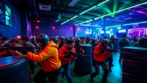 Players immerse in an intense Laser tag match, surrounded by a vibrant futuristic arena.