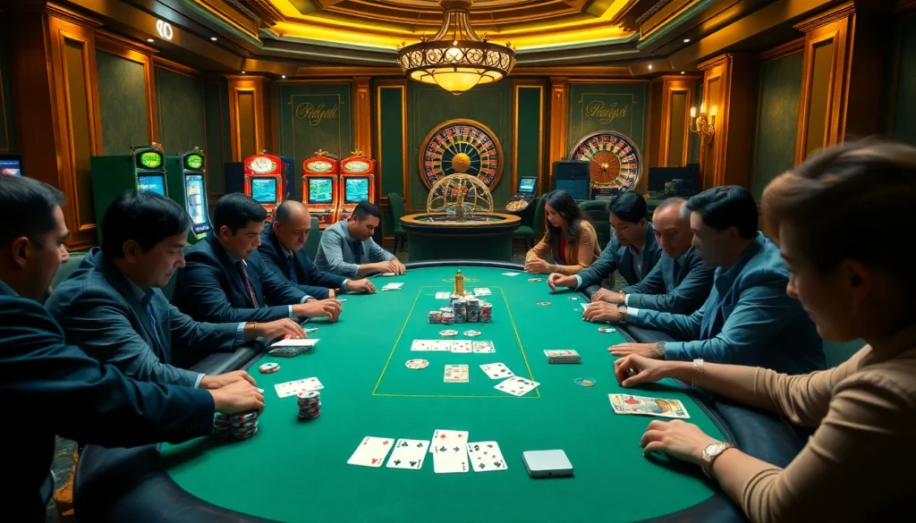 Daga poker players strategize over a high-stakes game at an opulent casino table.