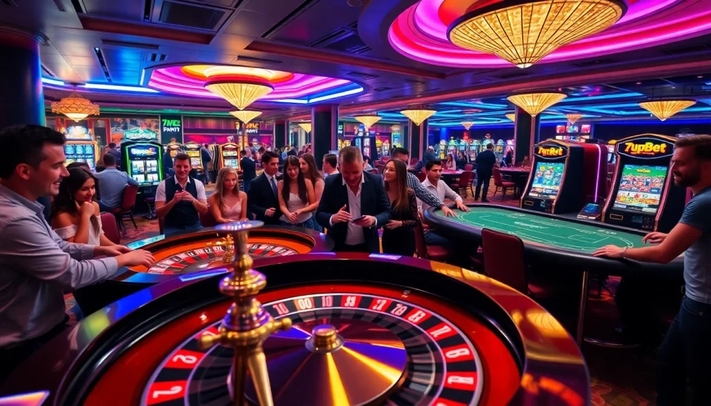 Players enjoying games at a luxury casino featuring 7upbet elements.