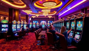 Playing the exciting slot777 machines in a luxurious casino setting filled with vibrant colors and anticipation.