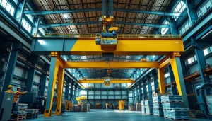 Double girder bridge crane in an industrial warehouse, showcasing heavy lifting capabilities and safety features.