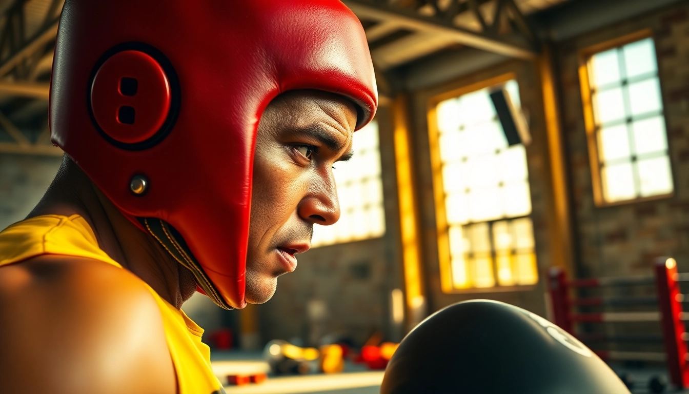 Boxer mit headgear boxing in einer Trainingsszene konzentriert und energiegeladen.