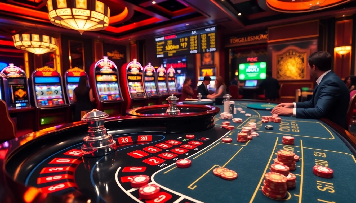 Adegan permainan Togelsumo dengan roulette, blackjack, dan mesin slot berwarna-warni yang menampilkan aksi perjudian yang penuh adrenalin.