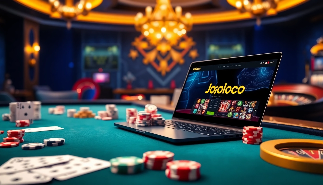 Exciting gaming scene with Jogoluck interface on laptop and vibrant casino elements.