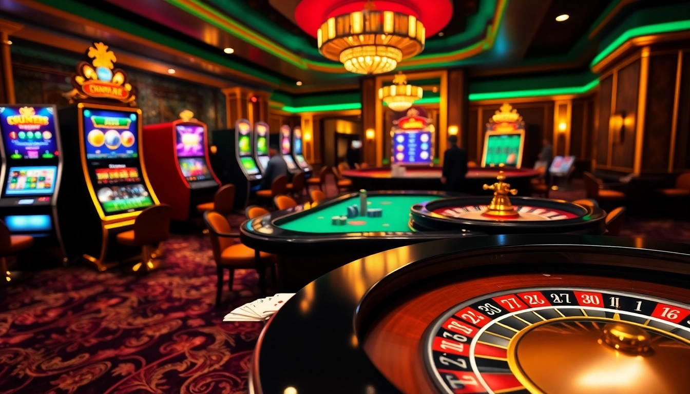 Une scène de jeu excitante présentant le casino en ligne argent réel France avec des tables, des cartes et des machines à sous.