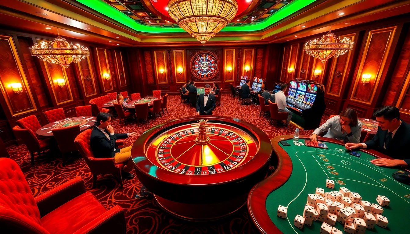 Experience the thrilling ambiance of 777VIP casino with luxurious gaming setups and excited players.