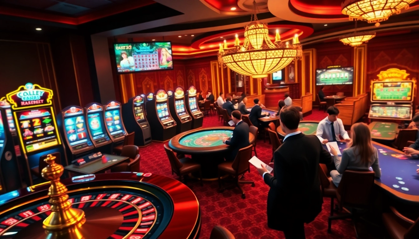 Joueurs captivés dans un luxueux casino en ligne argent réel France avec une table de roulette vibrante et des machines à sous colorées.