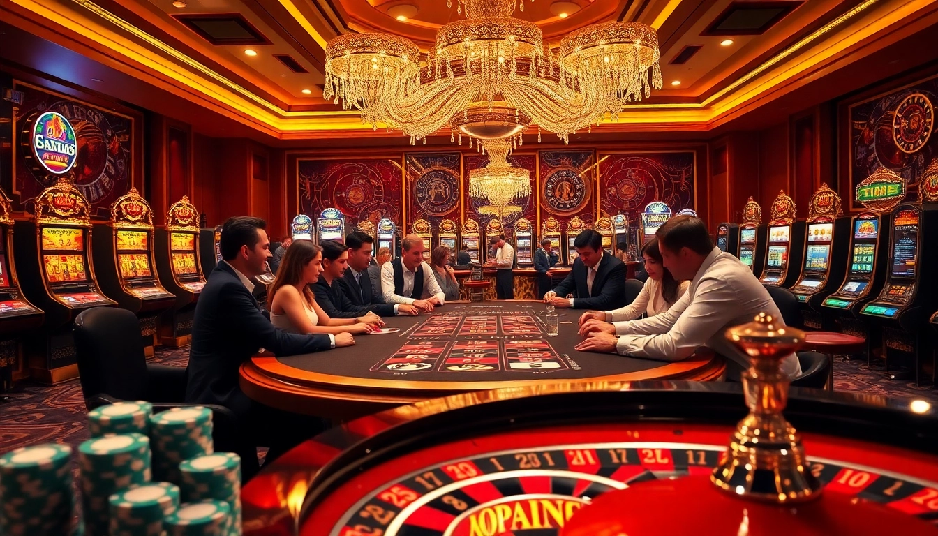 Scène captivante de joueurs dans un luxueux casino en ligne argent réel France avec des jetons de poker et des machines à sous.
